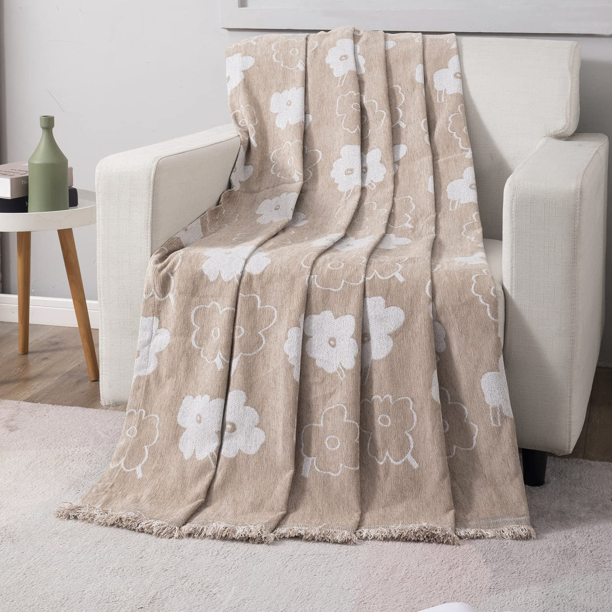 Beige Floral, Thick, Soft and Pet Friendly Chenille Sofa Cover Throw