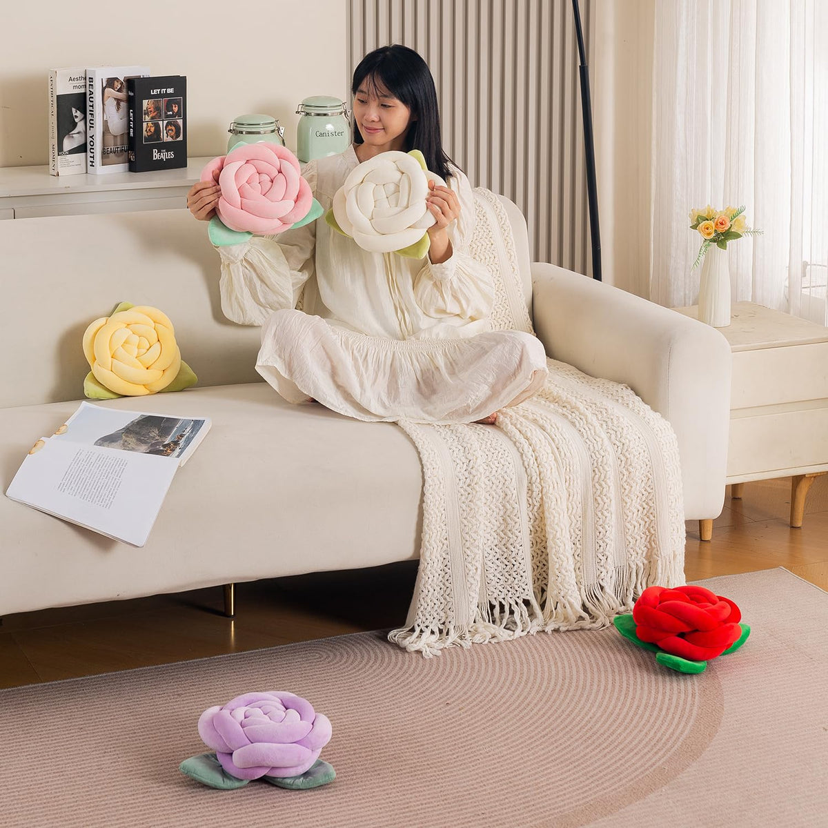 HOKIPO Rose Flower Shaped Cushion for Sofa & Bed, 22 cm, Purple