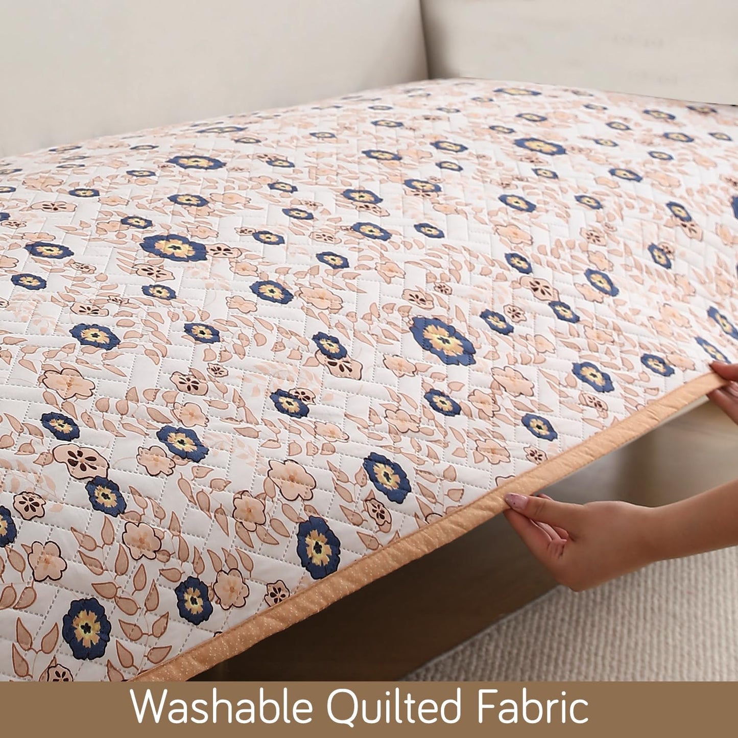 HOKIPO Quilted Sofa Seat Mat for 1/2/3 Seater with 2 Armrest Covers with Pockets, Light Peach Candytuft