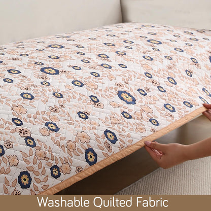 HOKIPO Quilted Sofa Seat Mat for 1/2/3 Seater with 2 Armrest Covers with Pockets, Light Peach Candytuft