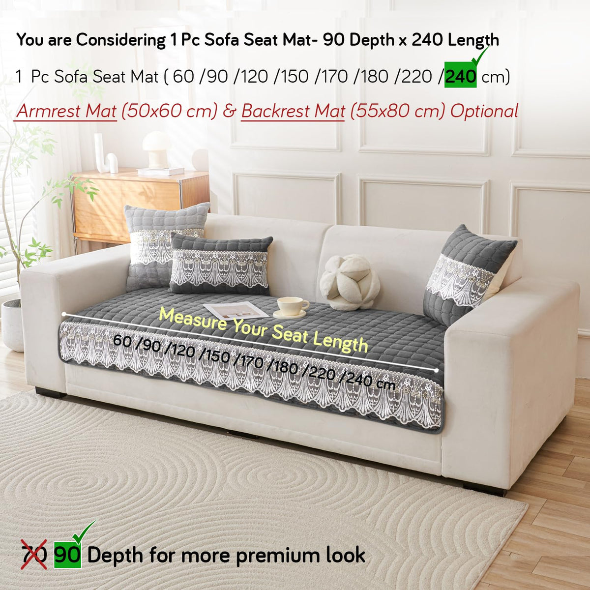 BelleLace Series Imperial Milk Velvet Sofa Cover Mat with Lace Design - Porpoise Grey
