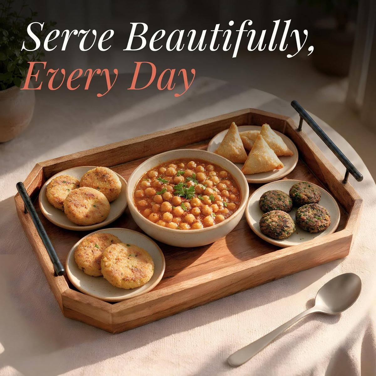 HOKIPO Arbor Teak Wood Serving Tray with Metal Handles, 42 x 27 cm - image 2