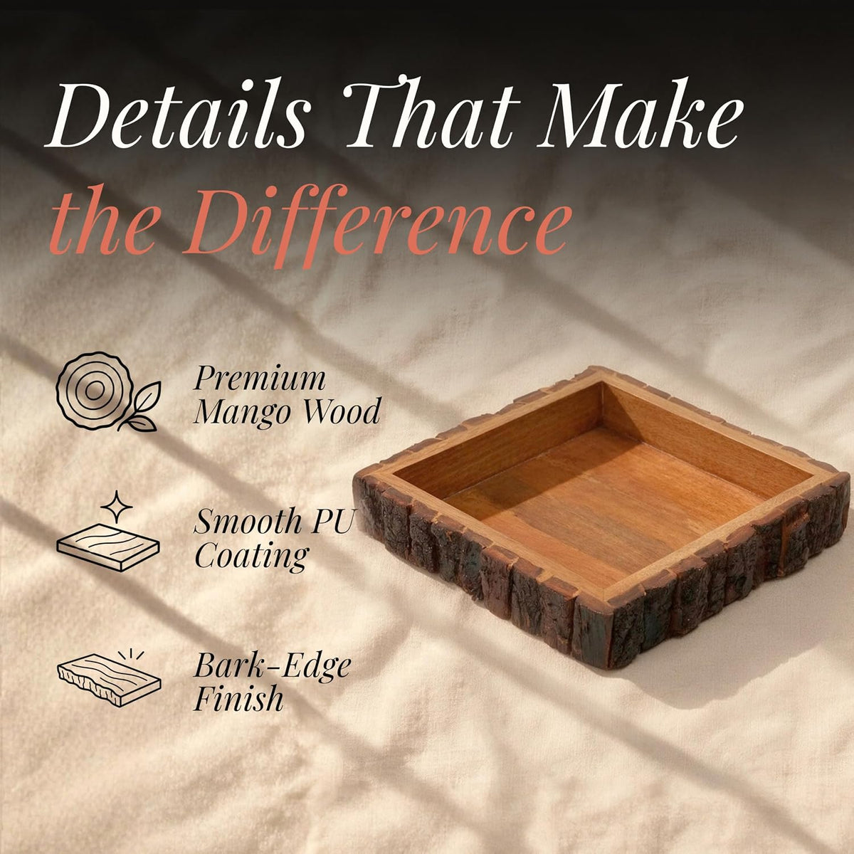 HOKIPO Arbor Mango Wood Serving Tray with Bark Edge, Square 25 x 25 cm - image 3