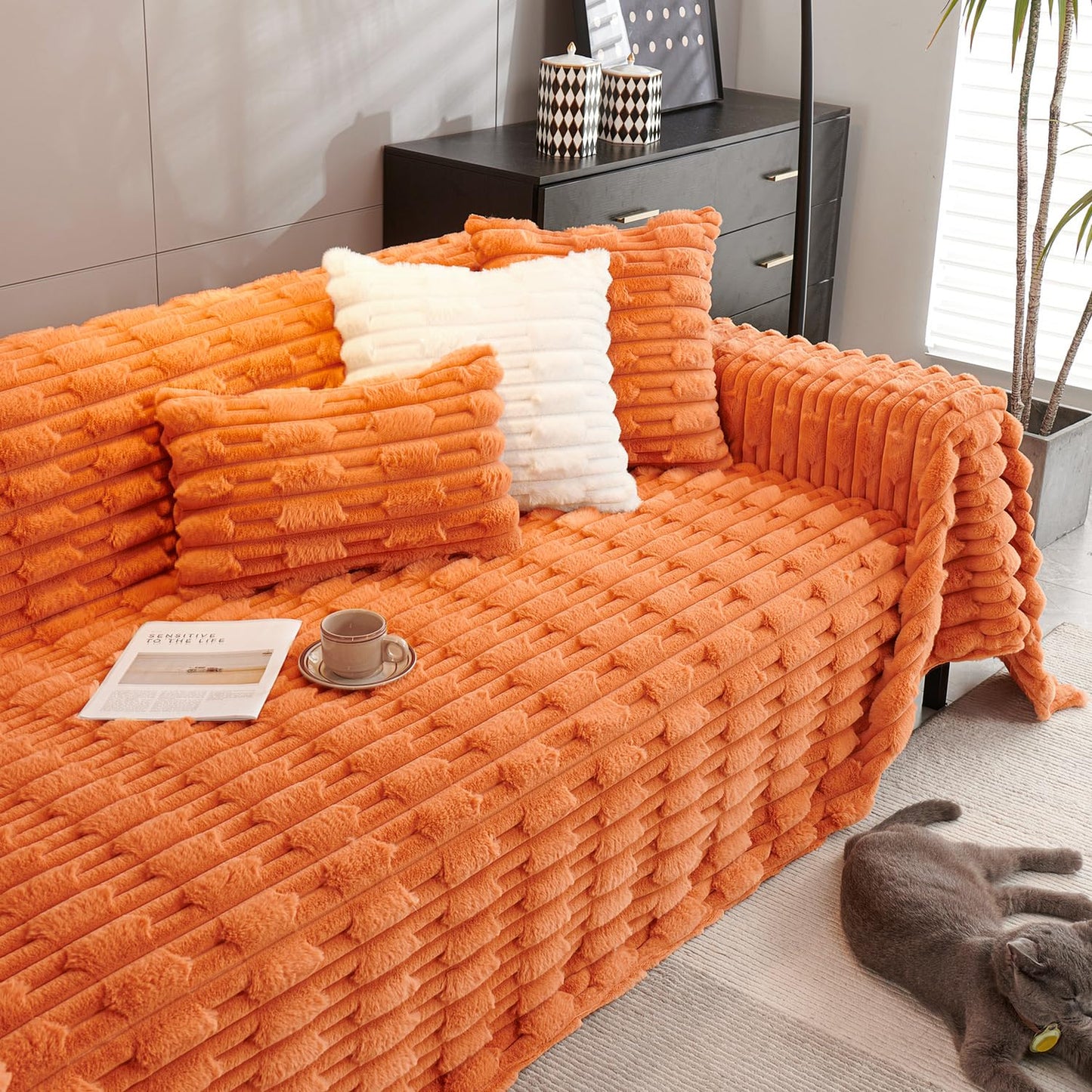 Luxury Waxy Faux Rabbit Fluffy Plush Sofa Throw, Amber Gold