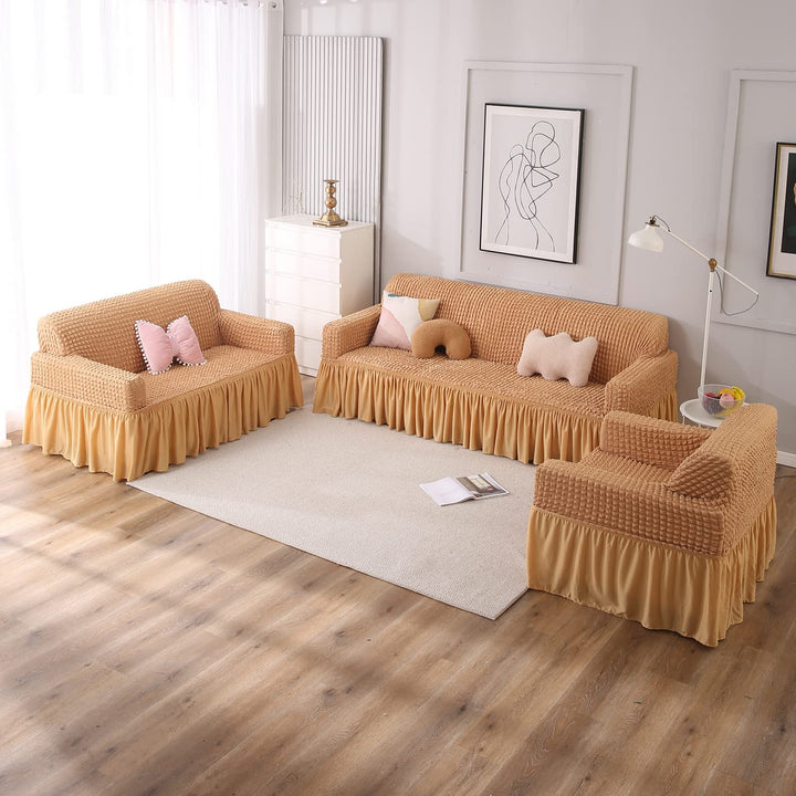 Light Brown Elastic stretchable Turkish Bubble frill sofa cover set available for 1, 2, 3, 4, 5, 6 & 7 seater sofas