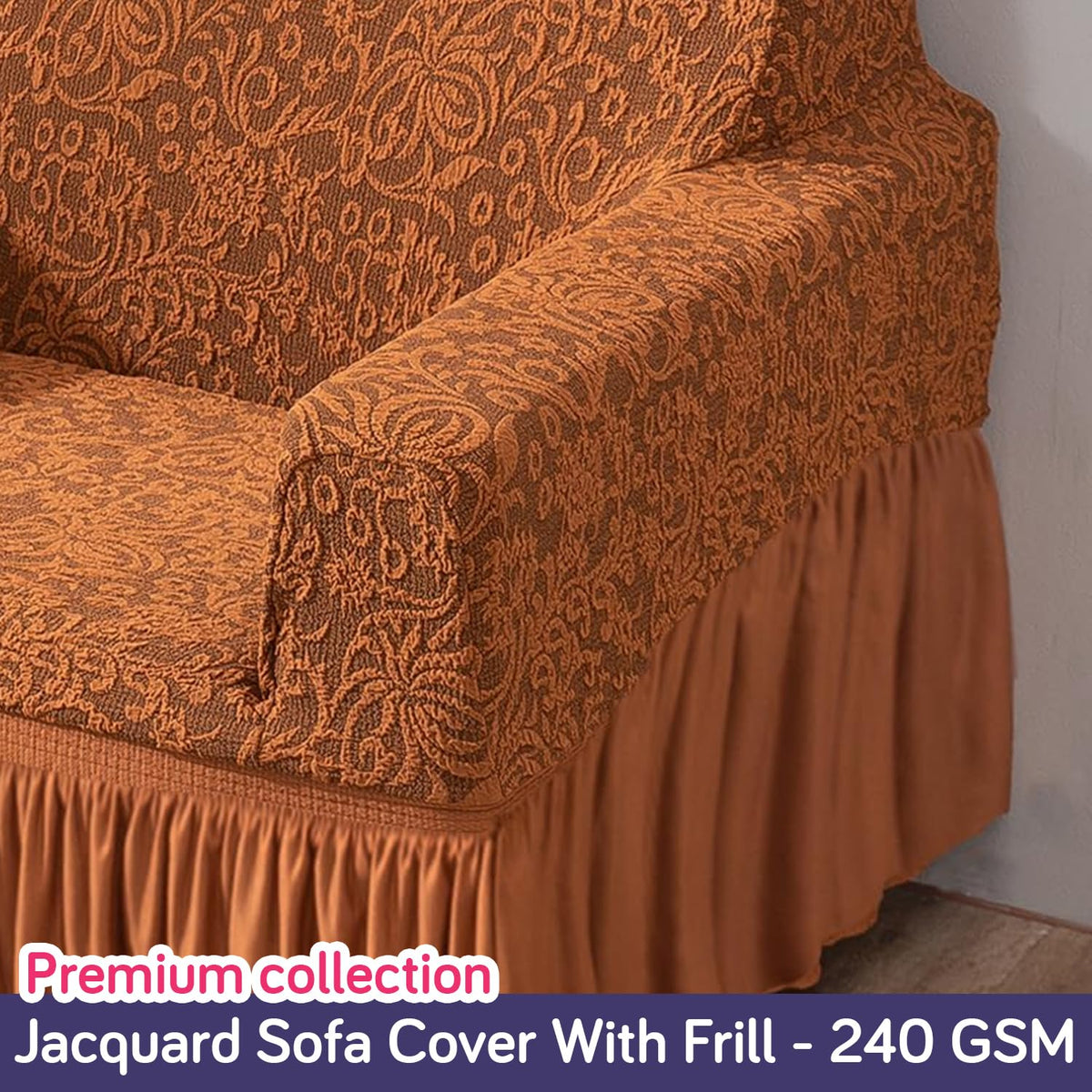 Elastic Stretchable Designer Woven Jacquard Sofa Cover with Frill, Caramel Brown