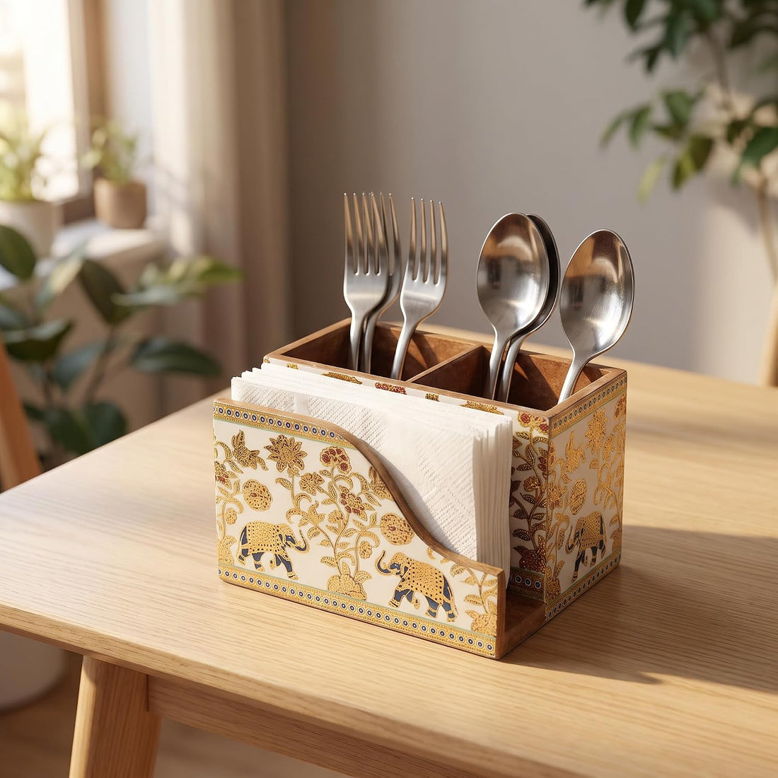 HOKIPO Cutlery Holder with Napkin Stand, Engineered Wood, Royal Gulistaan - image 1