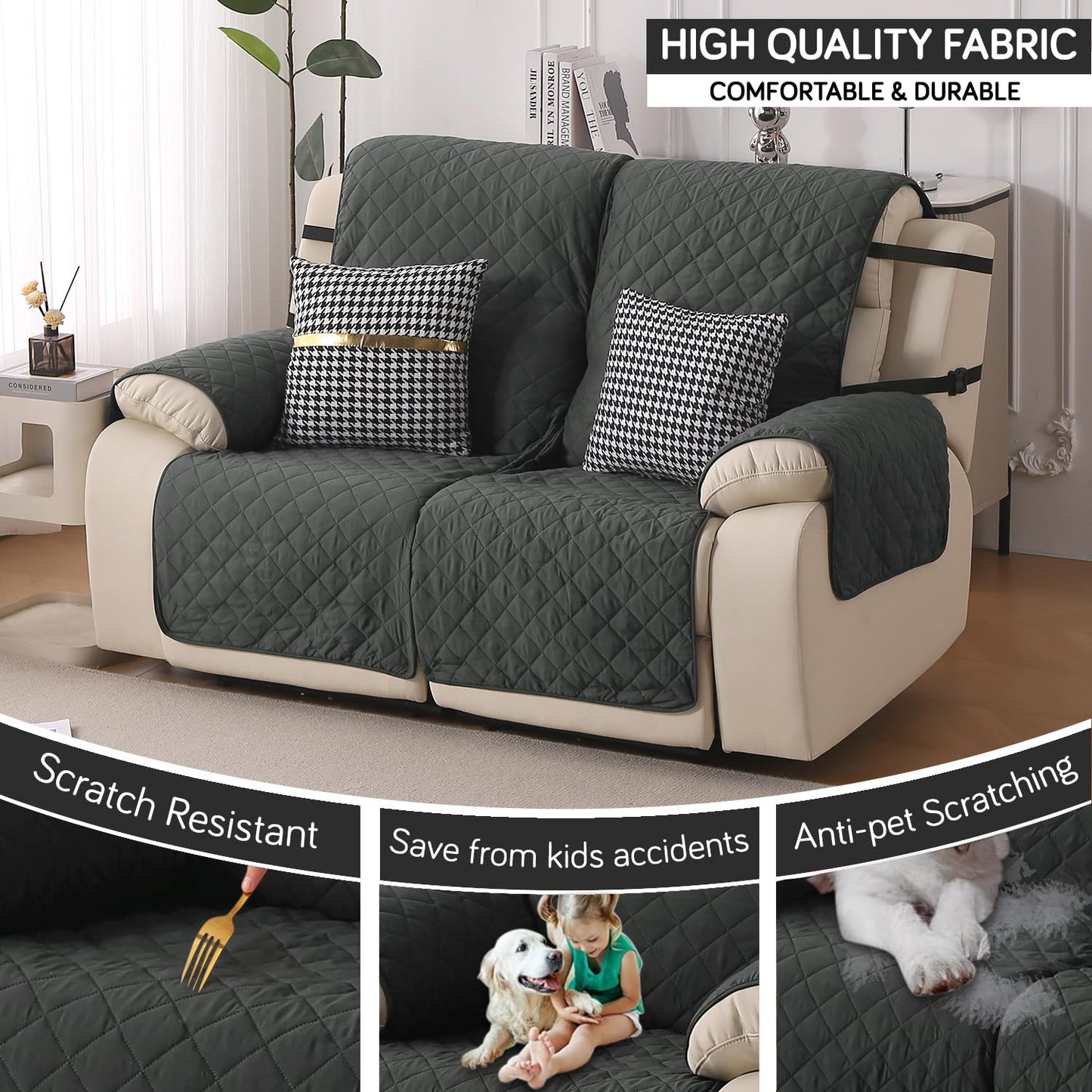 UrbanQuilt Recliner Sofa Slipcover Mat with Dual Belt for 1/2/3 Seater - Anchor Grey