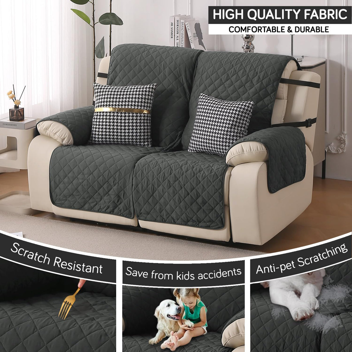 UrbanQuilt Recliner Sofa Slipcover Mat with Dual Belt for 1/2/3 Seater - Anchor Grey