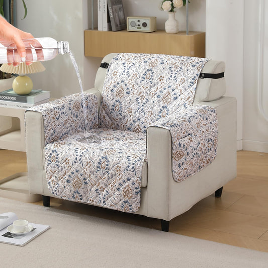Quilted Waterproof Sofa Cover Mat with Pockets on Armrest Cover -Damask White