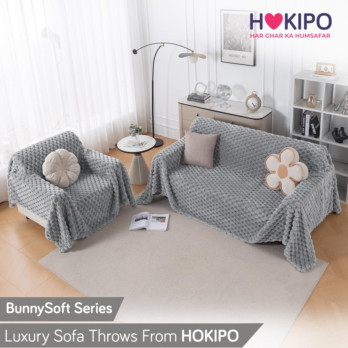 Luxury Rabbit Wool Plush Sofa Throw, Moon Grey