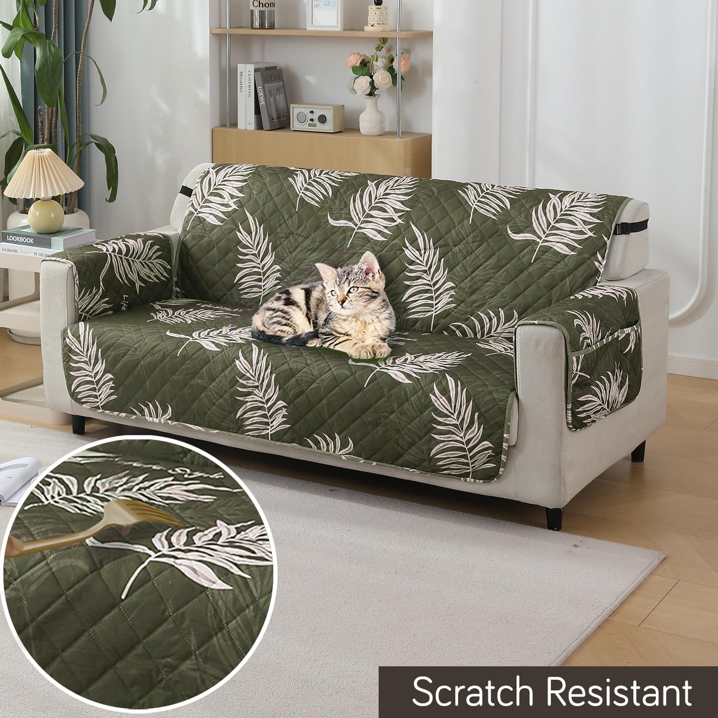 Quilted Waterproof Sofa Cover Mat with Pockets on Armrest Cover - Palm Leaves Olive