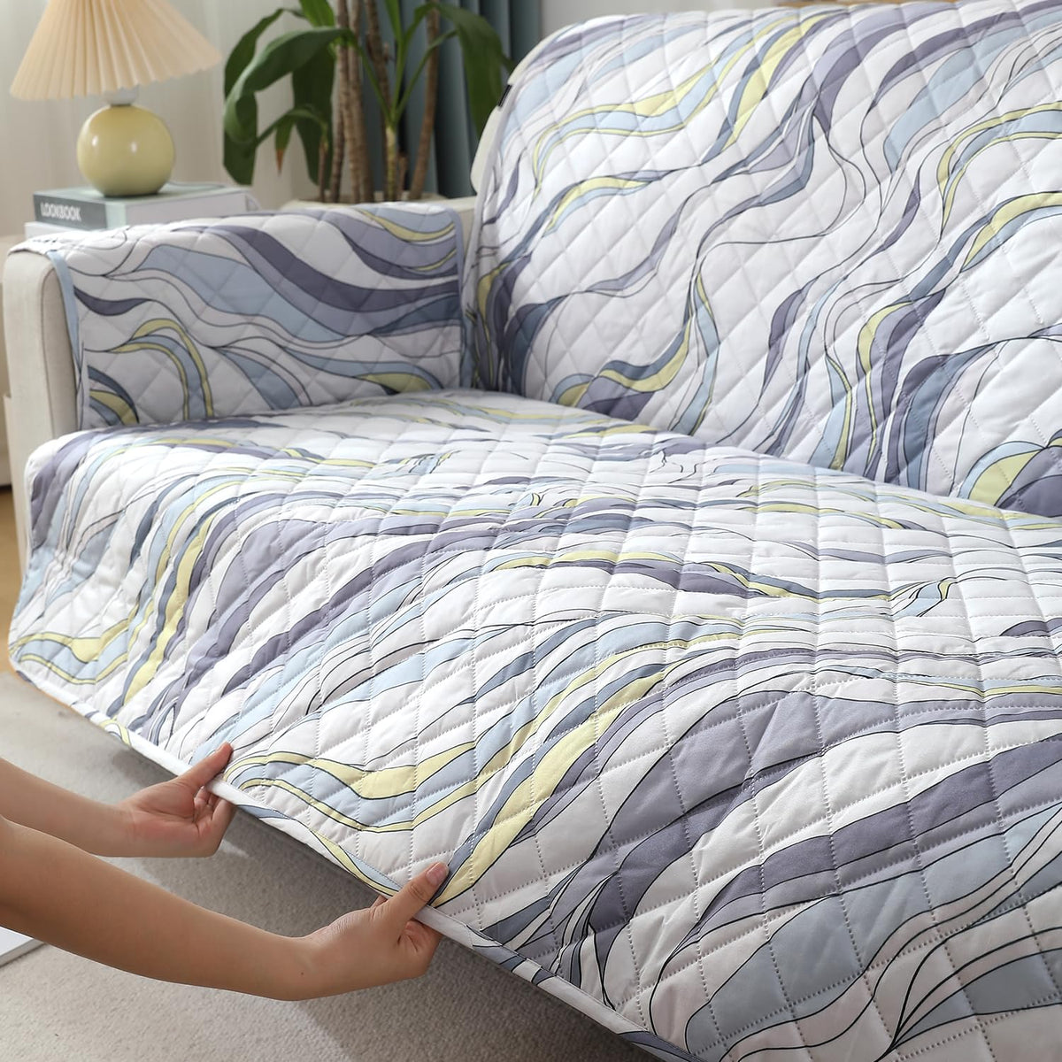 Curved Lines Pearl White print Fully fitted quilted waterproof sofa cover | Hokipo