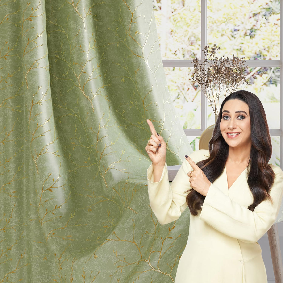 HOKIPO Shimmer Foil Printed Curtains, 7 Feet Long - Green