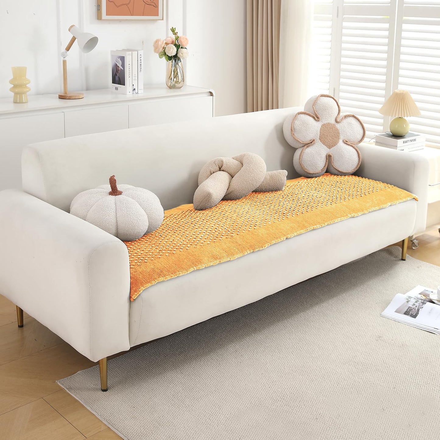 Handloom Made Thick Poly Velvet Reversible Sofa Mat for 1/2/3 Seater, Buff Cream