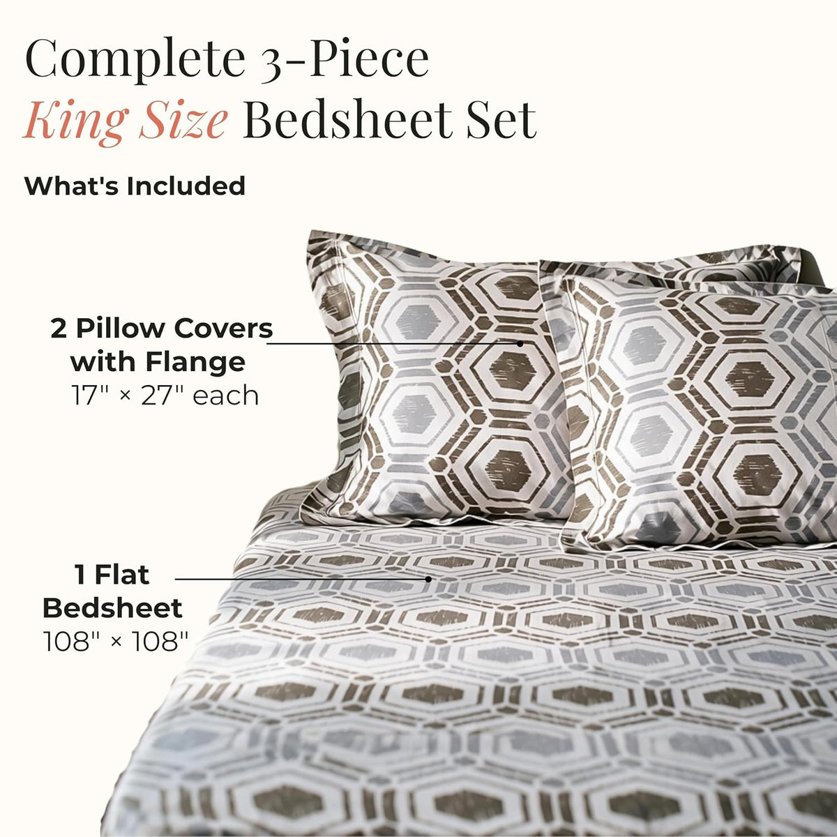 HOKIPO Geometric 180 TC Cotton Percale Flat Bedsheet, King Size, Buff Grey - image 5