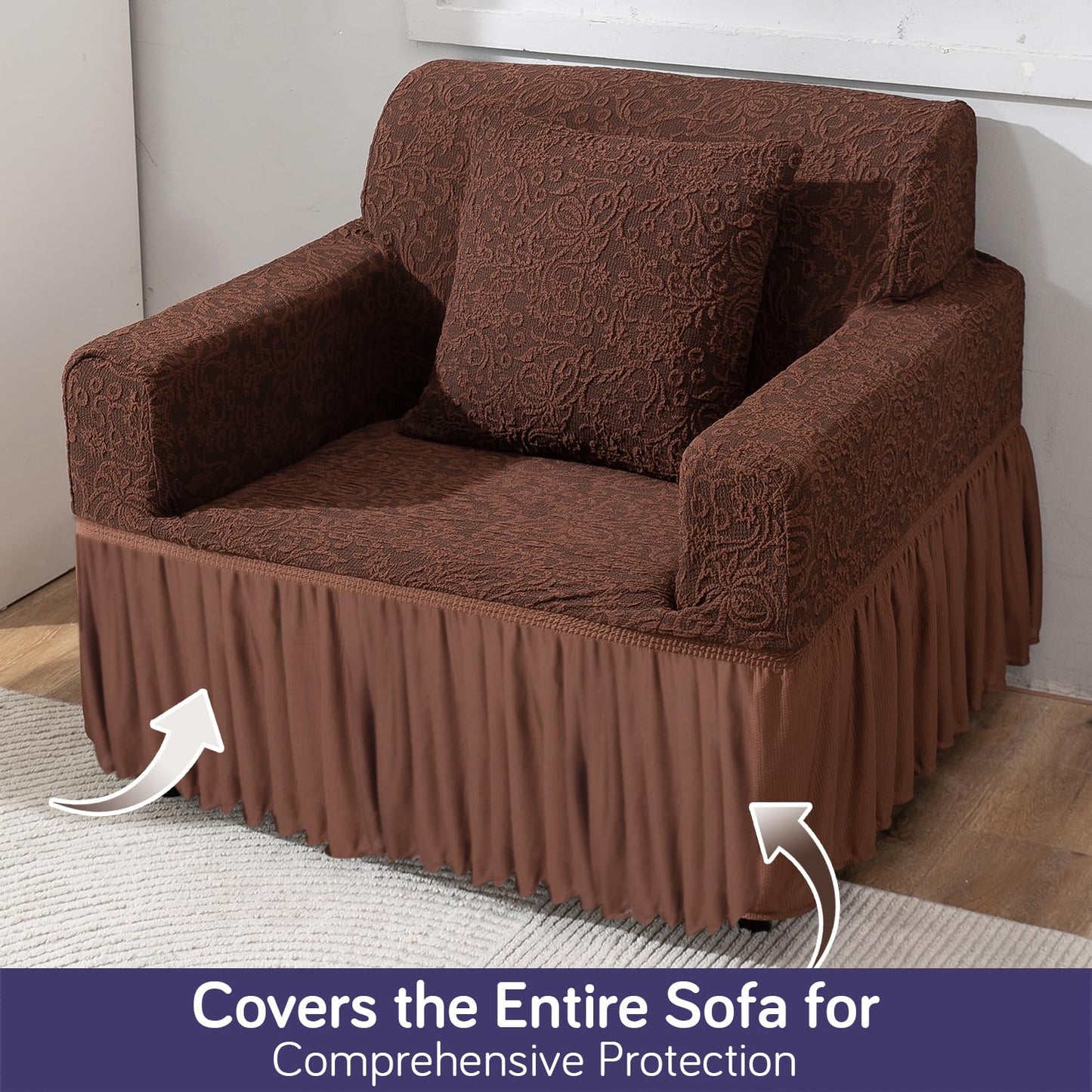 Elastic Stretchable Designer Woven Jacquard Sofa Cover with Frill , Pecan Brown