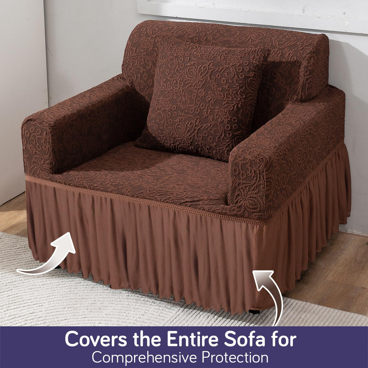 Elastic Stretchable Designer Woven Jacquard Sofa Cover with Frill , Pecan Brown
