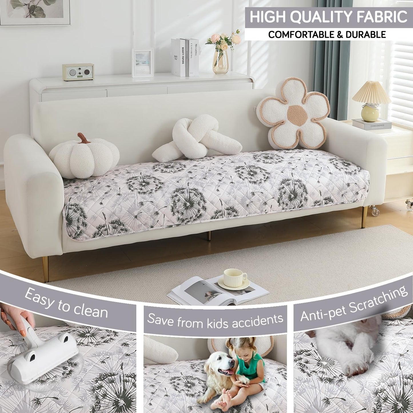 HOKIPO Quilted, Waterproof and Anti-Slip Sofa Cover Mat, Dandelion Anchor Grey
