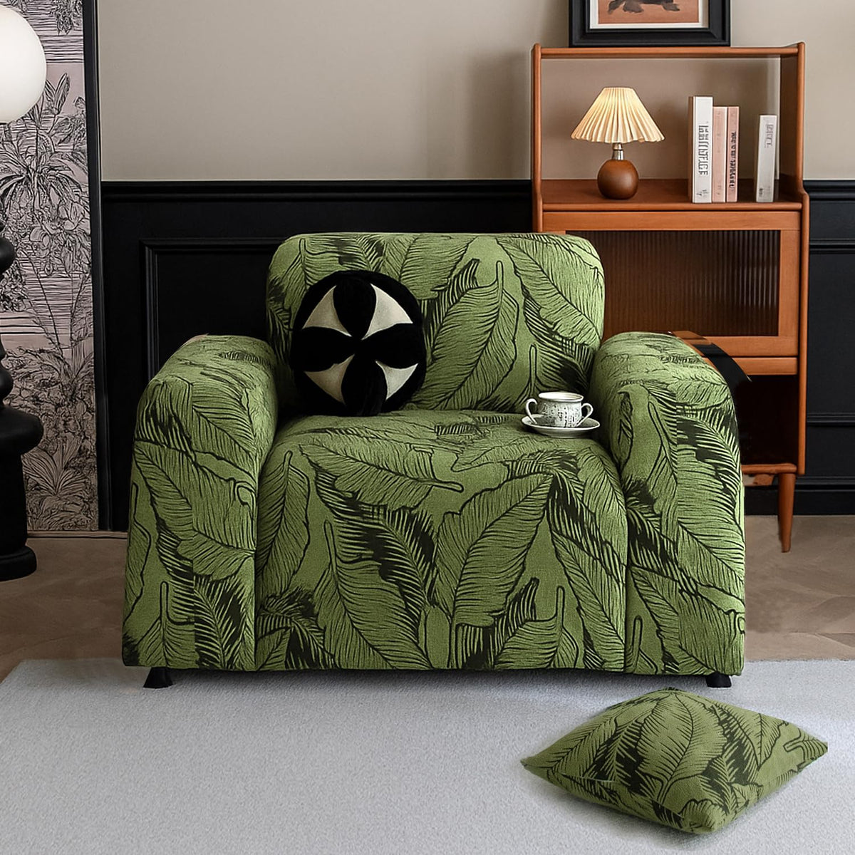 Buy olive green colour dual tone series knitting jacquard single seater sofa cover​