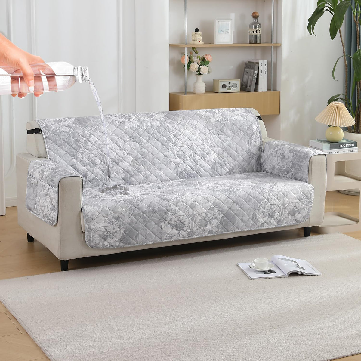 3 seater quilted waterproof sofa cover - Motifs Cloud Grey print  | Hokipo