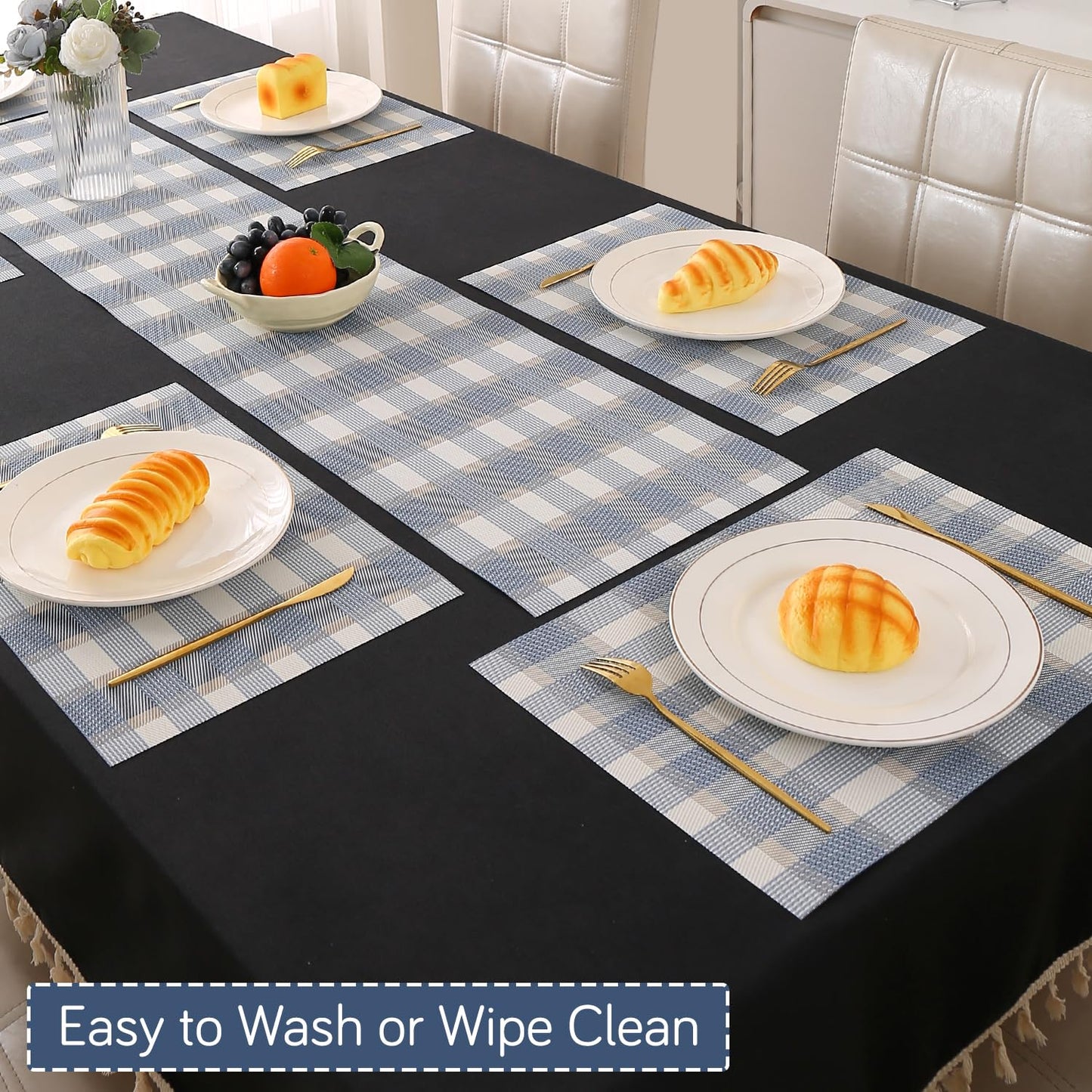 Classic Checks PVC Washable Mats for Dining Table - Pacific Blue