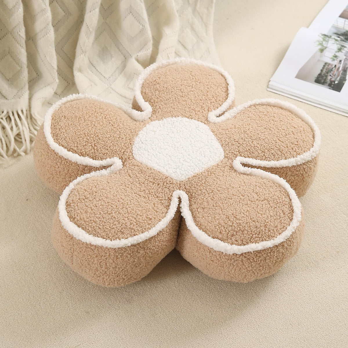 HOKIPO Plush Cotton Flower Cushion | Decorative Throw Pillow for Bed & Sofa - Beige