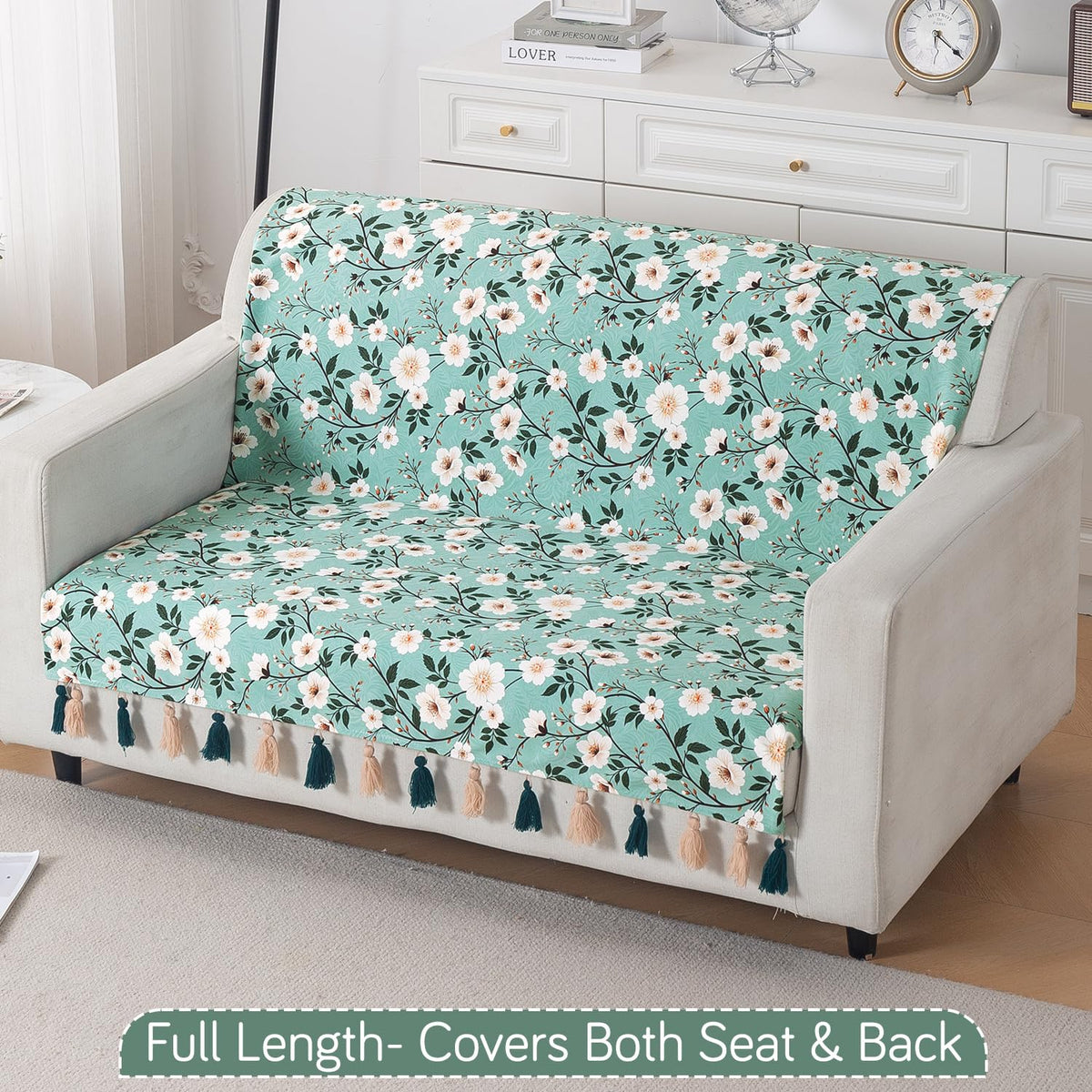 'Whispers of Nature' Series Holland Velvet Sofa Cover with Tassel, Sage Floral Vine