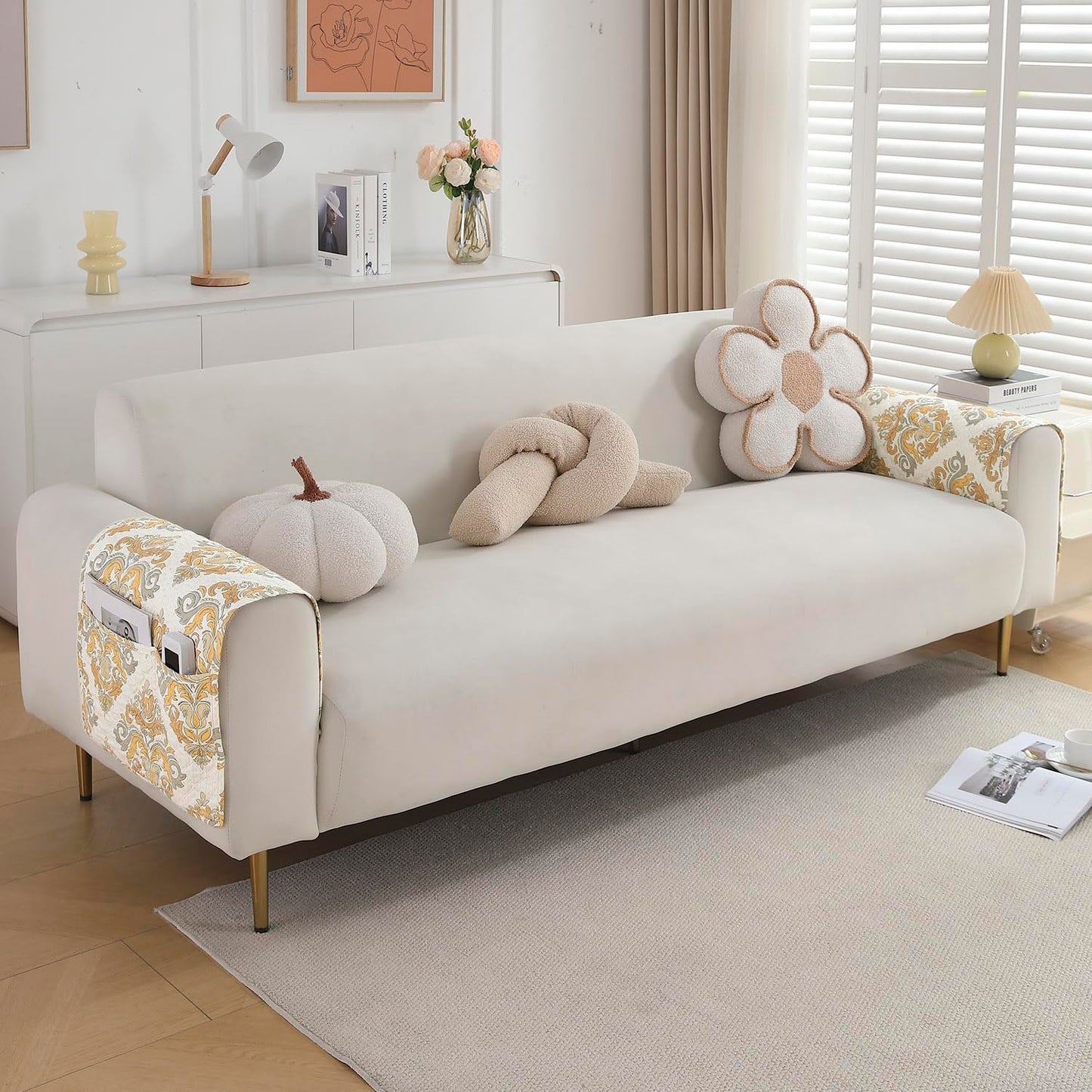Polyester Printed Quilted Sofa Cover Mats, Damask Beige