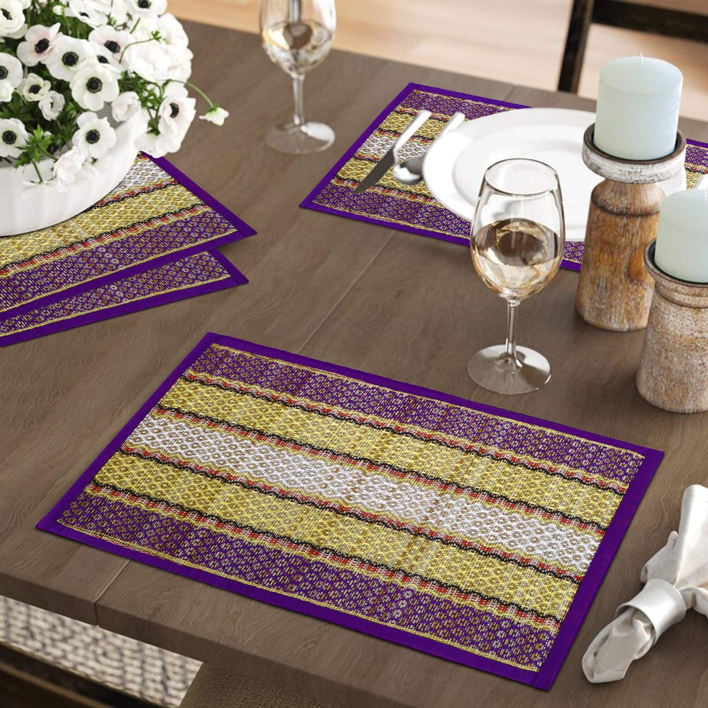 Handmade Madurkathi River Grass Dining Table Mats, Purple
