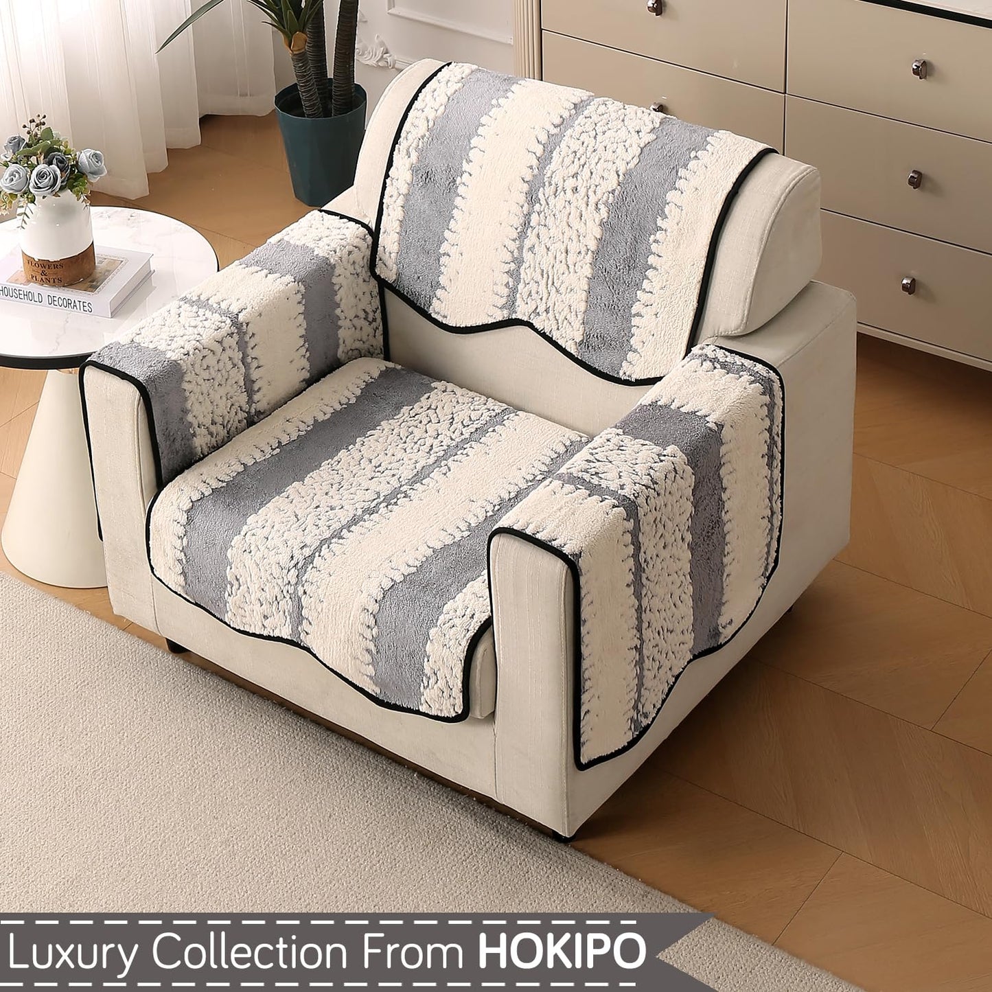 Luxury Sofa Cover Set | Seat, Back & Arm Covers | Anti-Slip Wavy Mat – Pewter Grey