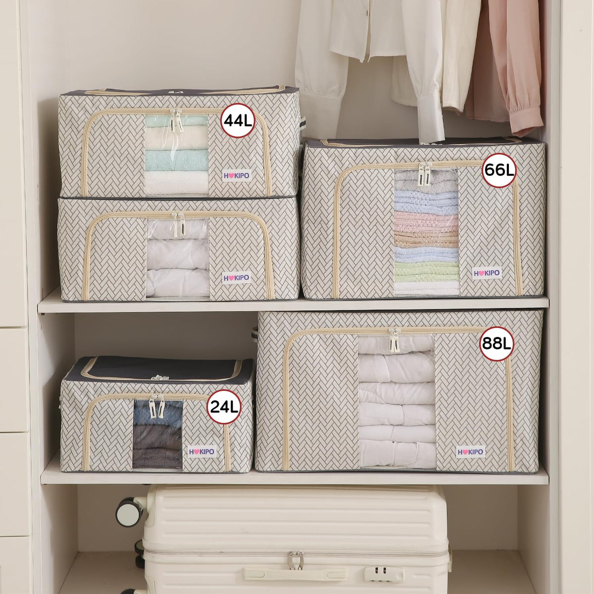 Wardrobe Organizer Storage Box | Foldable Cloth Storage Boxes with Metal Frame & Window | 600D Oxford Fabric, Cream Mist