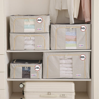 Wardrobe Organizer Storage Box | Foldable Cloth Storage Boxes with Metal Frame & Window | 600D Oxford Fabric, Cream Mist