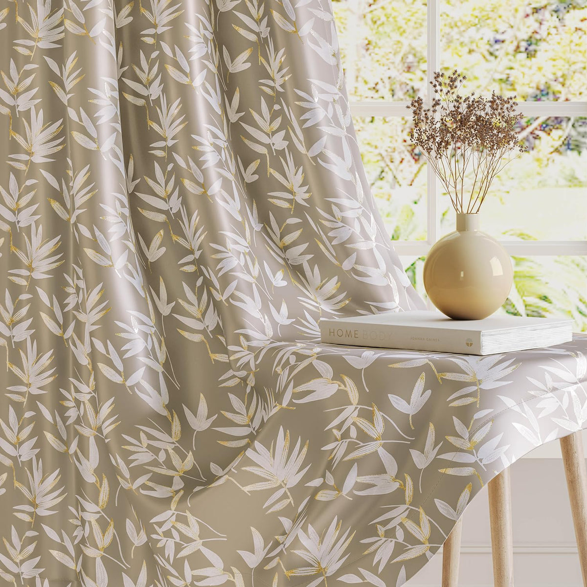HOKIPO Luxe Foliage Foil Printed Curtains, 7 Feet Long - Taupe