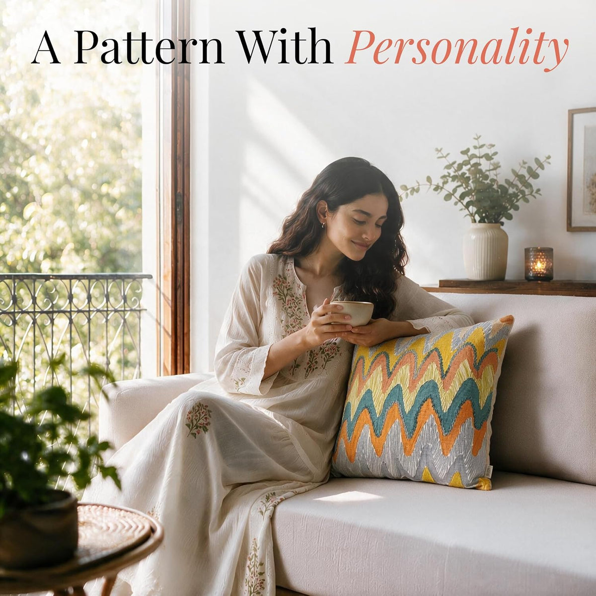 HOKIPO Printed Cushion Cover with Embroidery, Chevron Zigzag Multicolor, 16 x 16 in - image 2