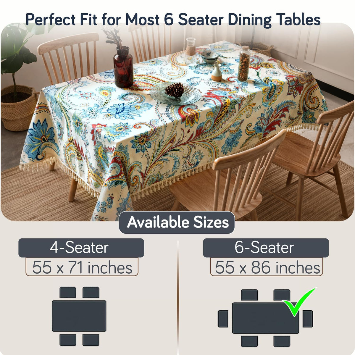 HOKIPO ShieldQuilt Table Cloth with Tassel Edge for 6 Seater, Celestial Garden - image 2