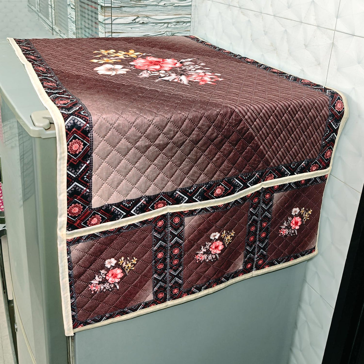 Eternal Floral Printed Quilted Fridge Top Cover with side Pockets - Maroon Blush