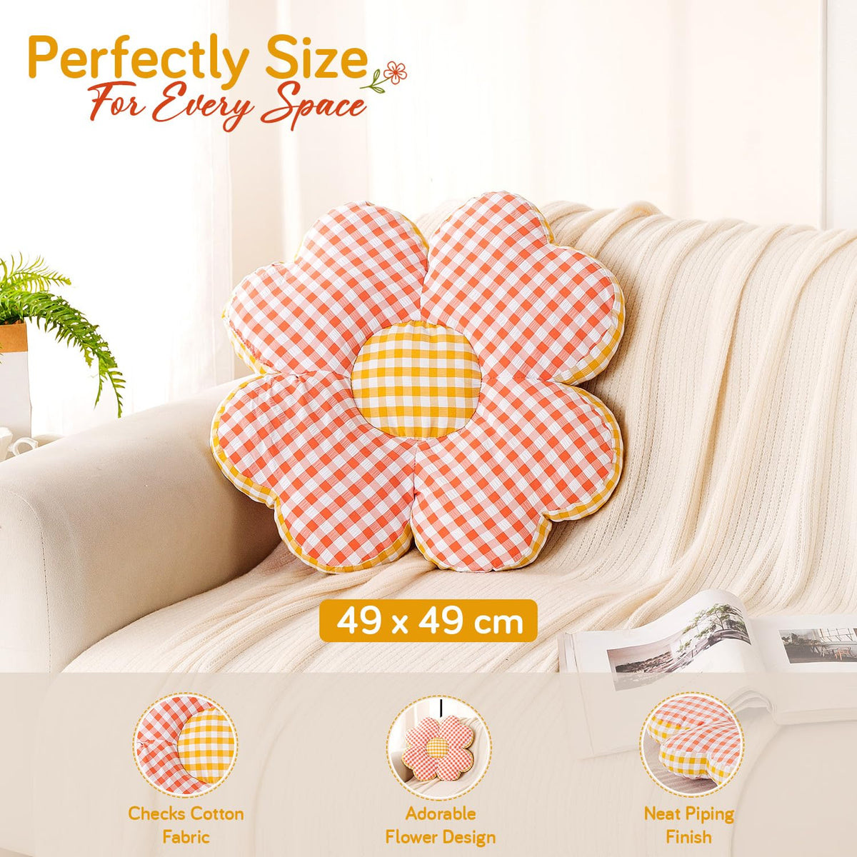 HOKIPO Checkered Daisy Flower Cushion for Sofa & Bed, 49 cm, Red