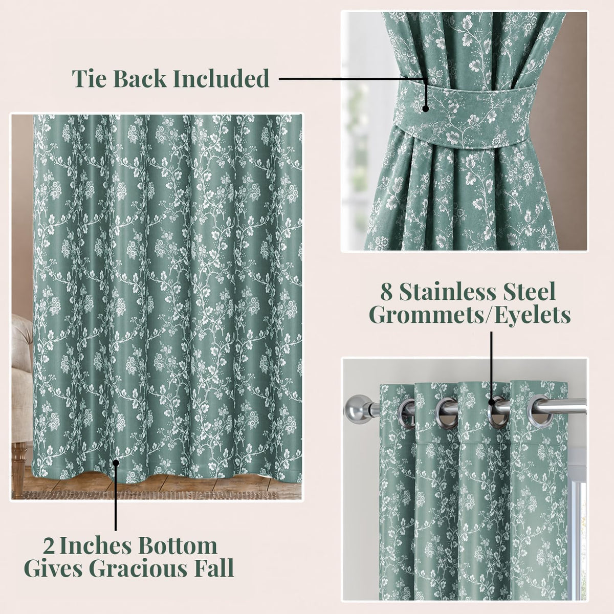 HOKIPO Bahaar Eyelet Curtains, 7 Feet Long - Sage Green - image 4