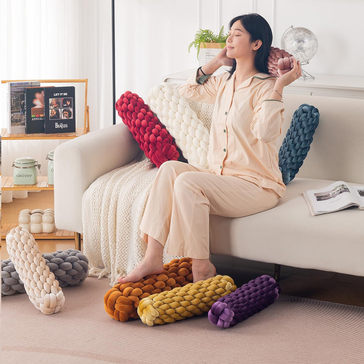 HOKIPO Braided Knot Bolster Cushion for Sofa, Chair & Bed, 45 cm, Beige
