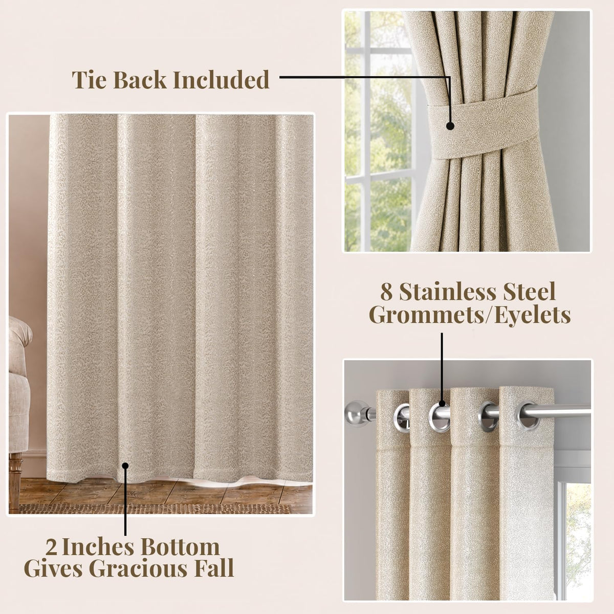 HOKIPO Eden Eyelet Curtains, 7 Feet Long - Soft Beige - image 4