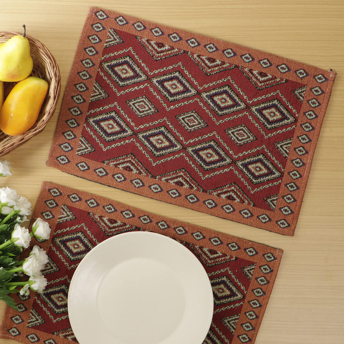 Cotton Jacquard Dining Table Mats, Red Diamond