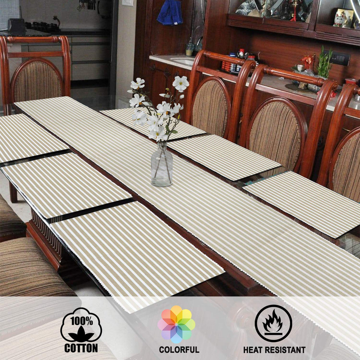 Ribbed Cotton Heat Resistant Dining Table Mat, Brown Striped