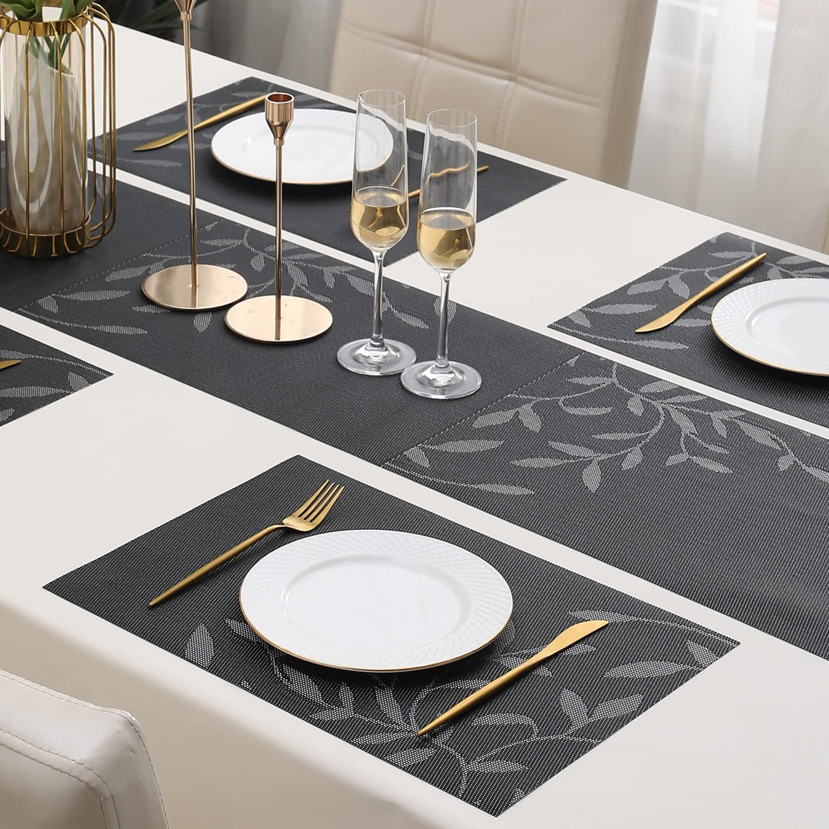 PVC Dining Table Mats, Black Leaves