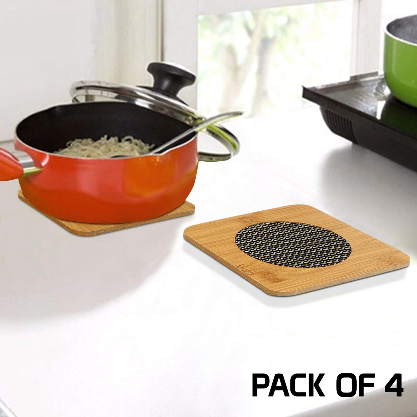 HOKIPO Eco-Friendly Bamboo Wooden Coasters for Dining Table Heat Pad for Kitchen - Pack of 2/4/6