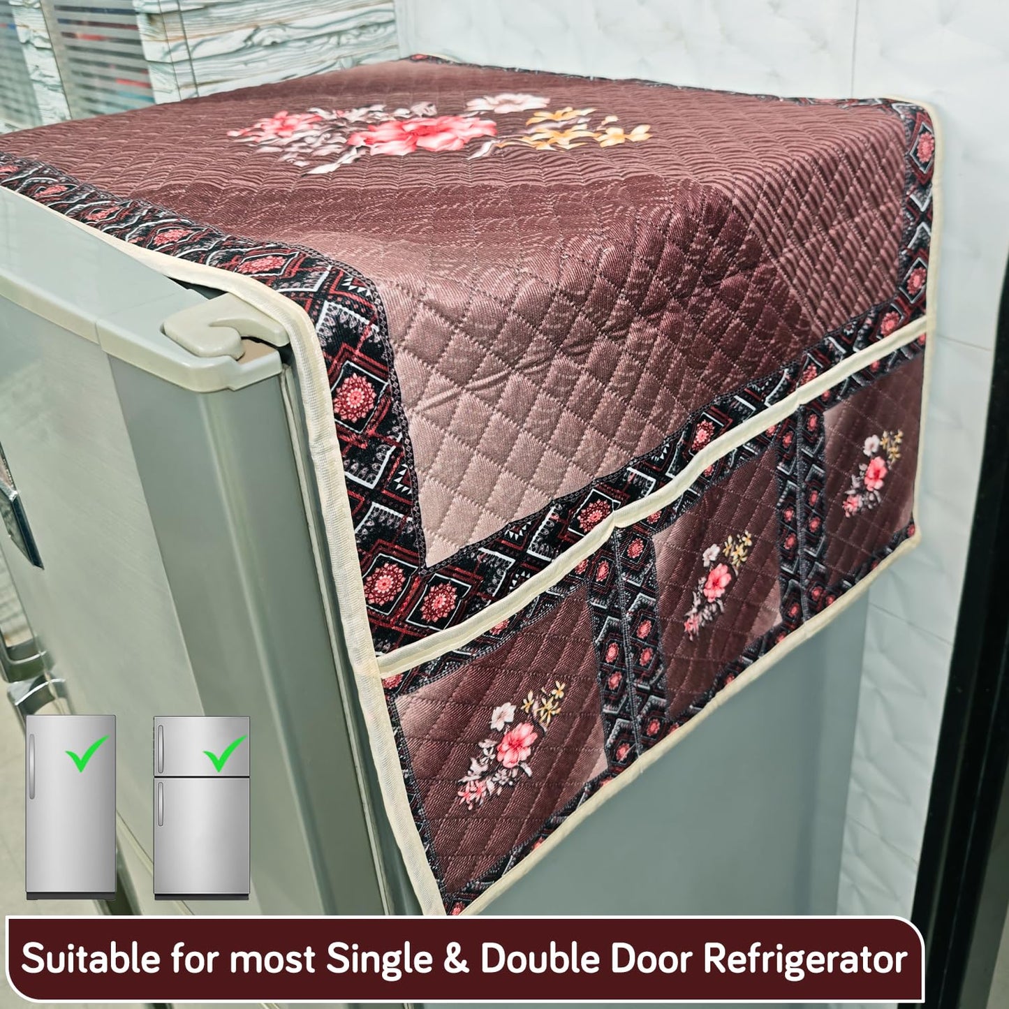Eternal Floral Printed Quilted Fridge Top Cover with side Pockets - Maroon Blush