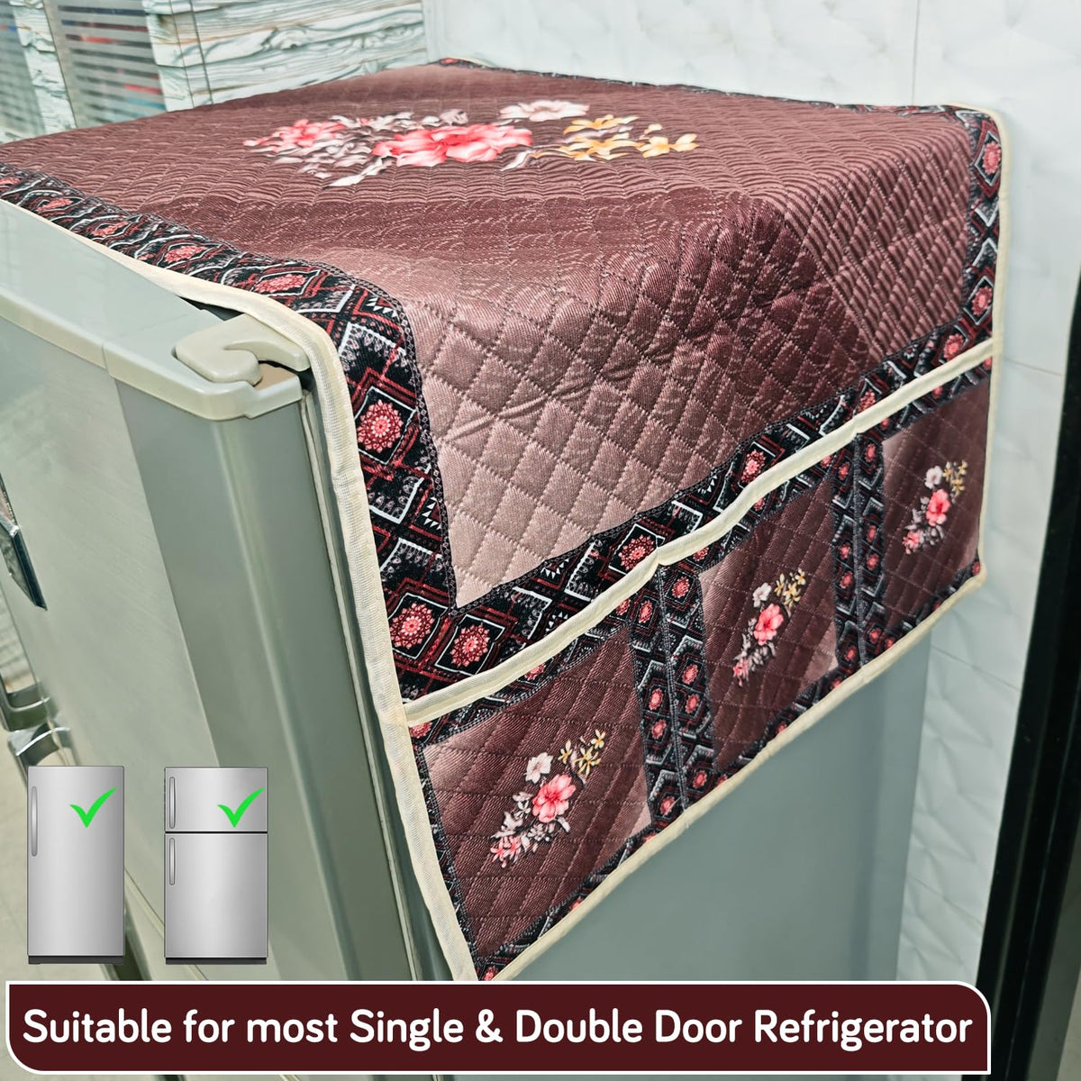 Eternal Floral Printed Quilted Fridge Top Cover with side Pockets - Maroon Blush