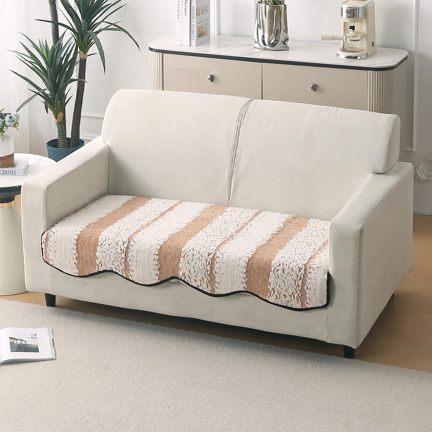 Luxury Wavy Anti Slip Plush Sofa Cover Mat, Desert Brown