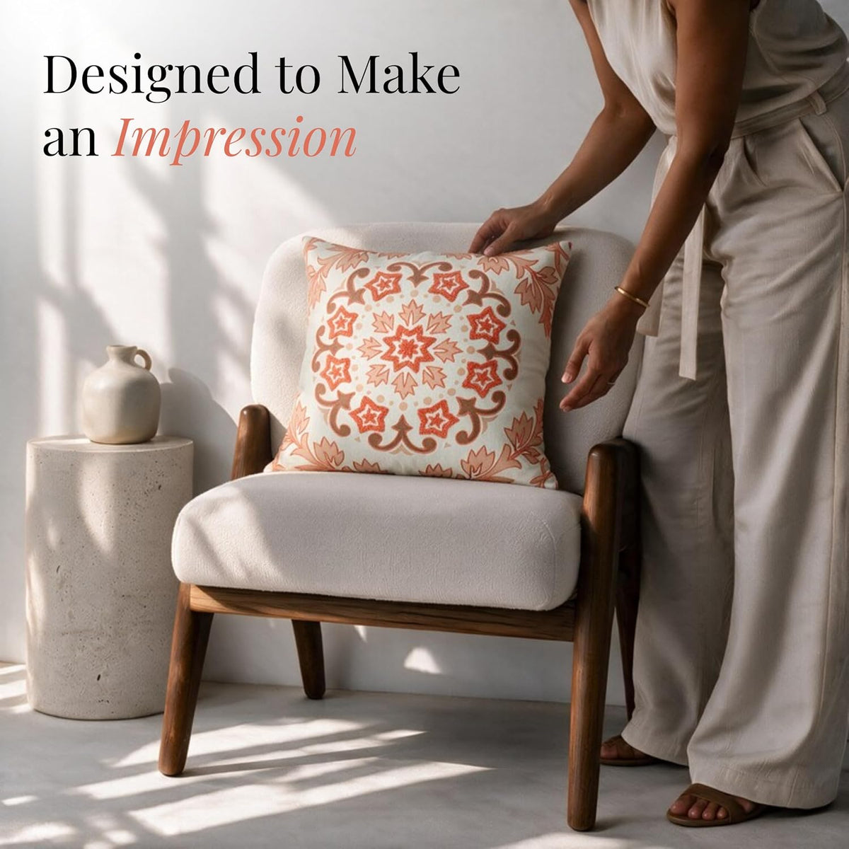 HOKIPO Bouclé Embroidery Cushion Cover , Coral Red, 16 x 16 in - image 2