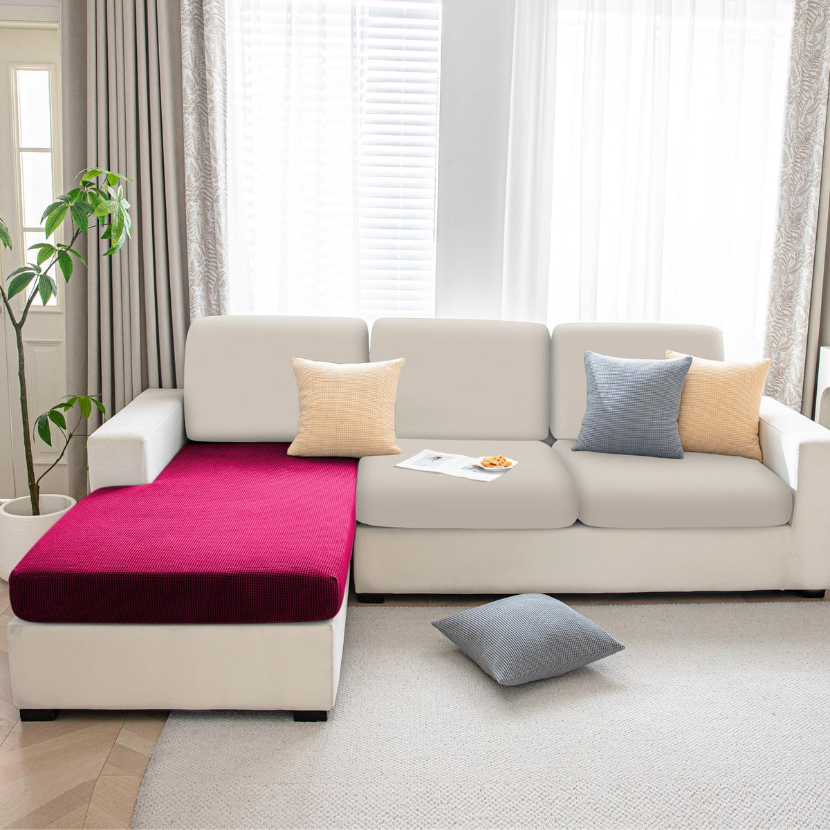 Stretchable Thick Jacquard Textured Seat Cushion Cover for 1/2/3 Seaters / Pieces for Sofa, Maroon